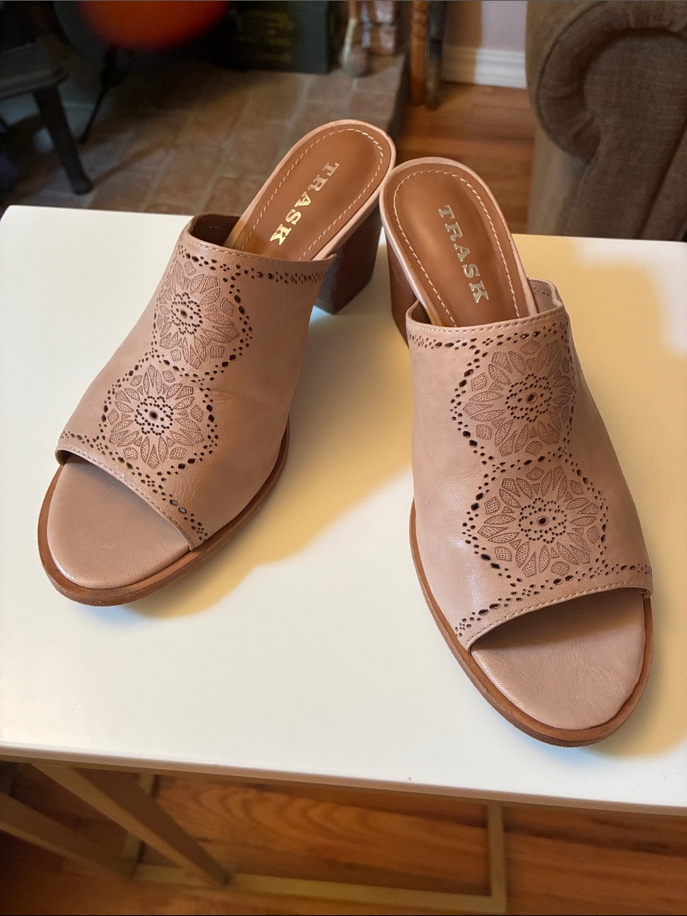 Trask Tan/Cream Laser-Cut Leather Open-Toe Mule